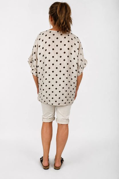 Polka Dot Frill Sleeve Soft Stitch Allegra Top - Beige