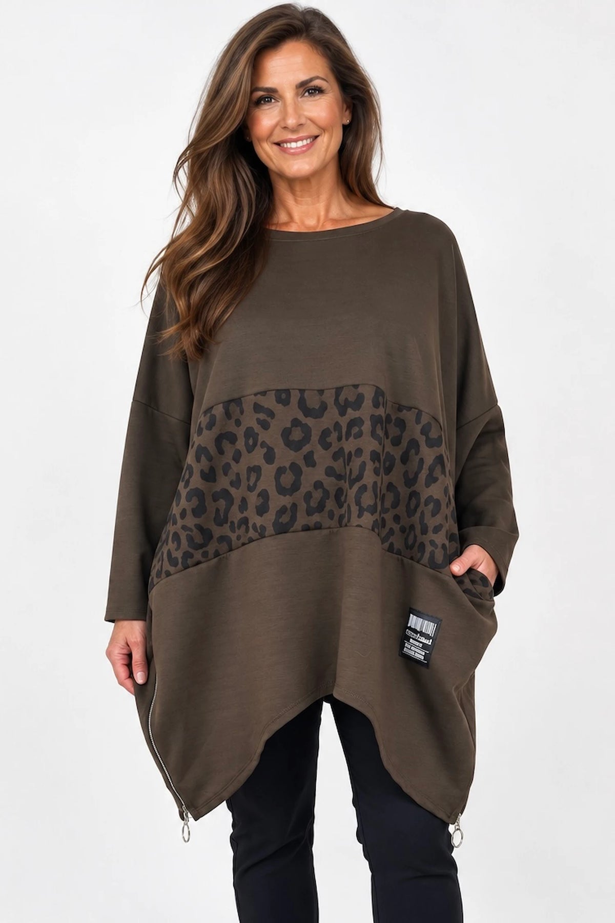 Zipped Hem Leopard Patch Badge Detail Double Pocket Varsia Top - Chocolate