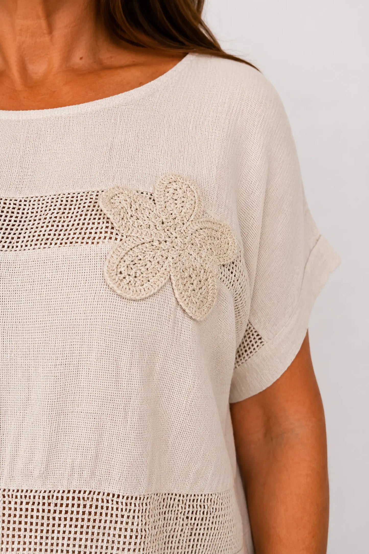 Pure Cotton Embroidered Flower Mesh Detail Capari Top - Beige