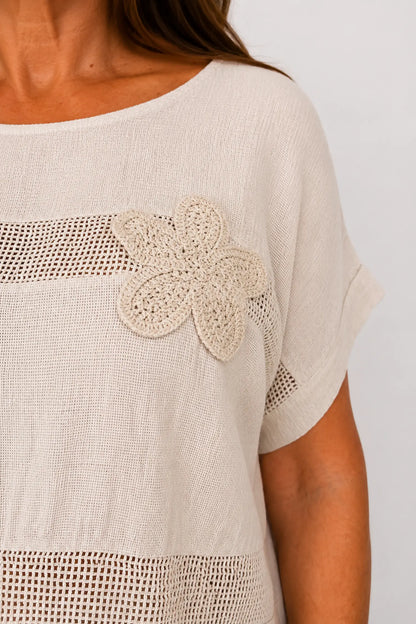 Pure Cotton Embroidered Flower Mesh Detail Capari Top - Beige