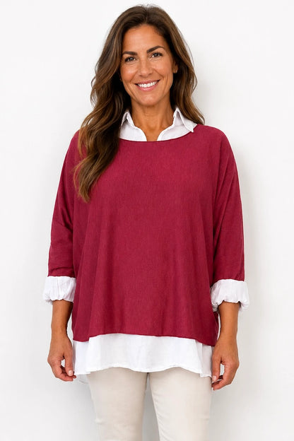 Cotton Fine Knit Two In One Mira Top - Italia Red