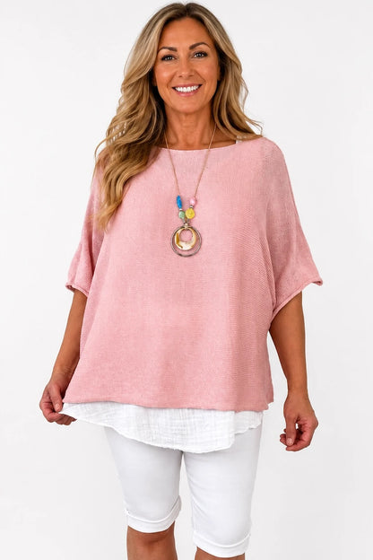 Cotton Seam Sleave Knit Batwing Jude Top - Vintage Rose