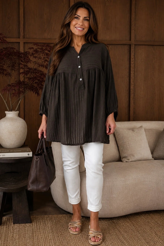 Pure Cotton Elasticated Sleeve Venice Button Shirt - Chocolate