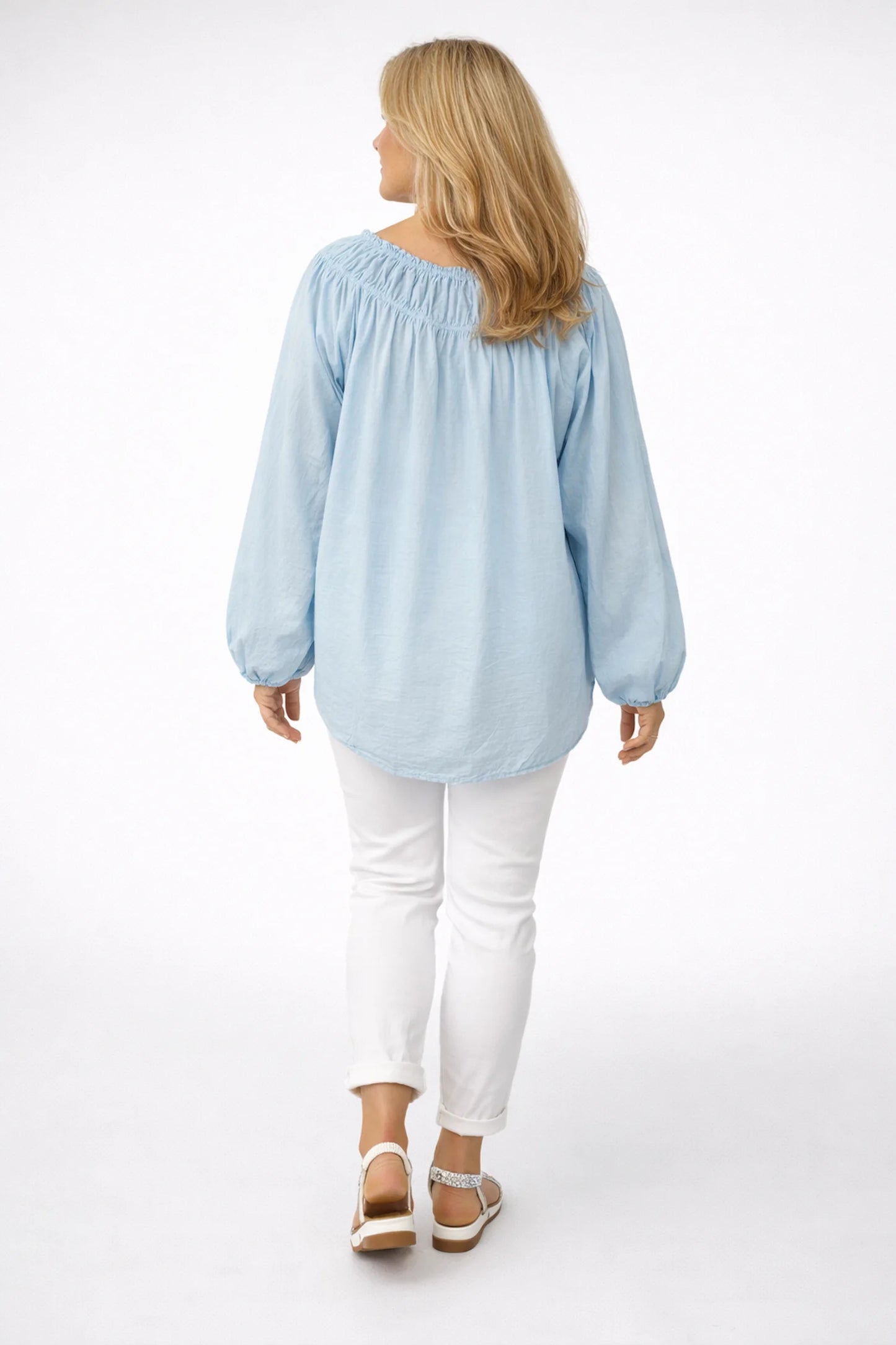 Pure Cotton Tie Front Detail Elasticated Cuff And Neckline Blanca Blouse - Baby Blue