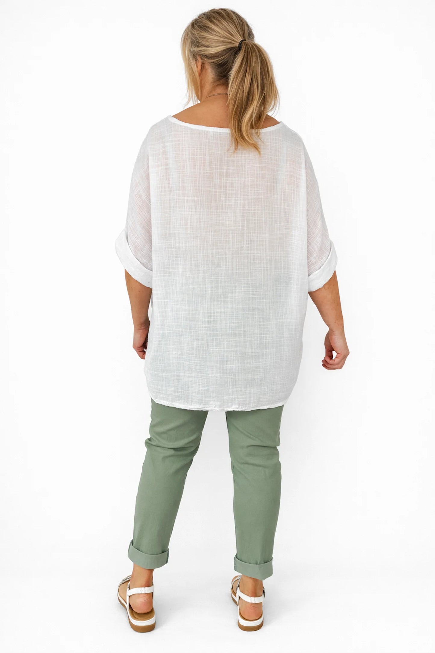 Pure Cotton Linen Look Italia Necklace Top - White