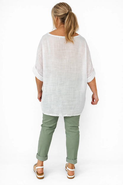 Pure Cotton Linen Look Italia Necklace Top - White