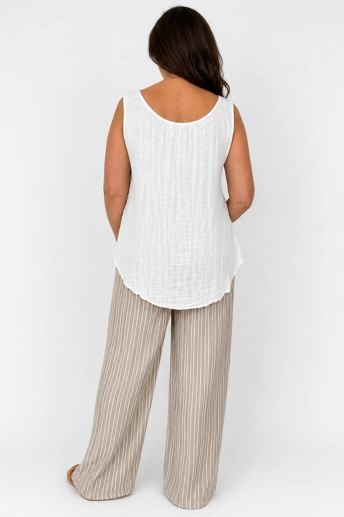 Linen Look Double Pocket Elasticated Waist Stripe Bella Wide Leg Pants - Warm Beige