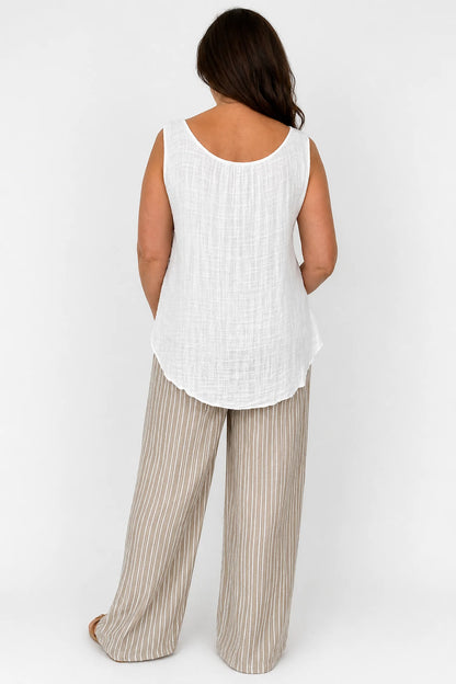 Linen Look Double Pocket Elasticated Waist Stripe Bella Wide Leg Pants - Warm Beige