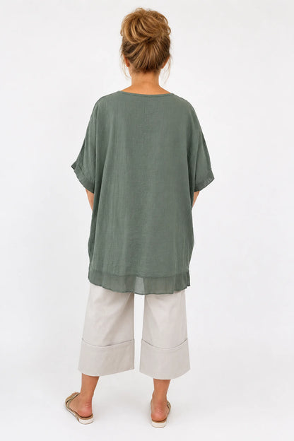 Pure Cotton Mesh Detail Pocketed Portofino Necklace Top - Khaki