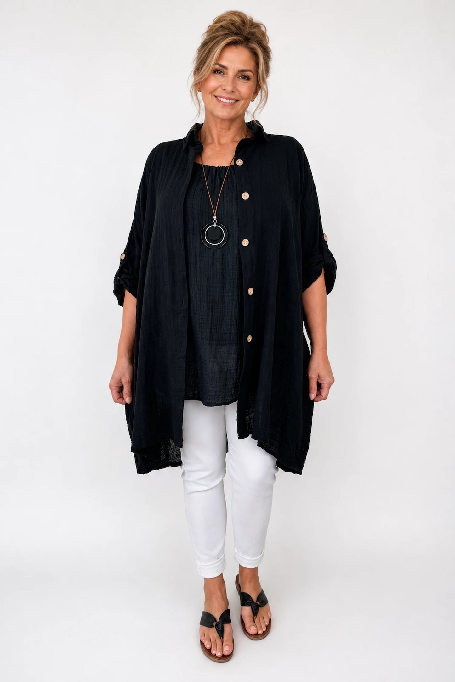 Pure Cotton Button Sleeve     Cressida Button Shirt - Black