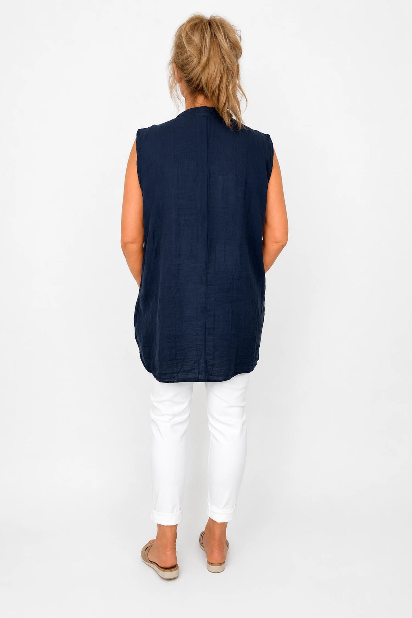 Pure Cotton Mesh Detail Rosetta Pocket Cap Sleeve Top - Navy