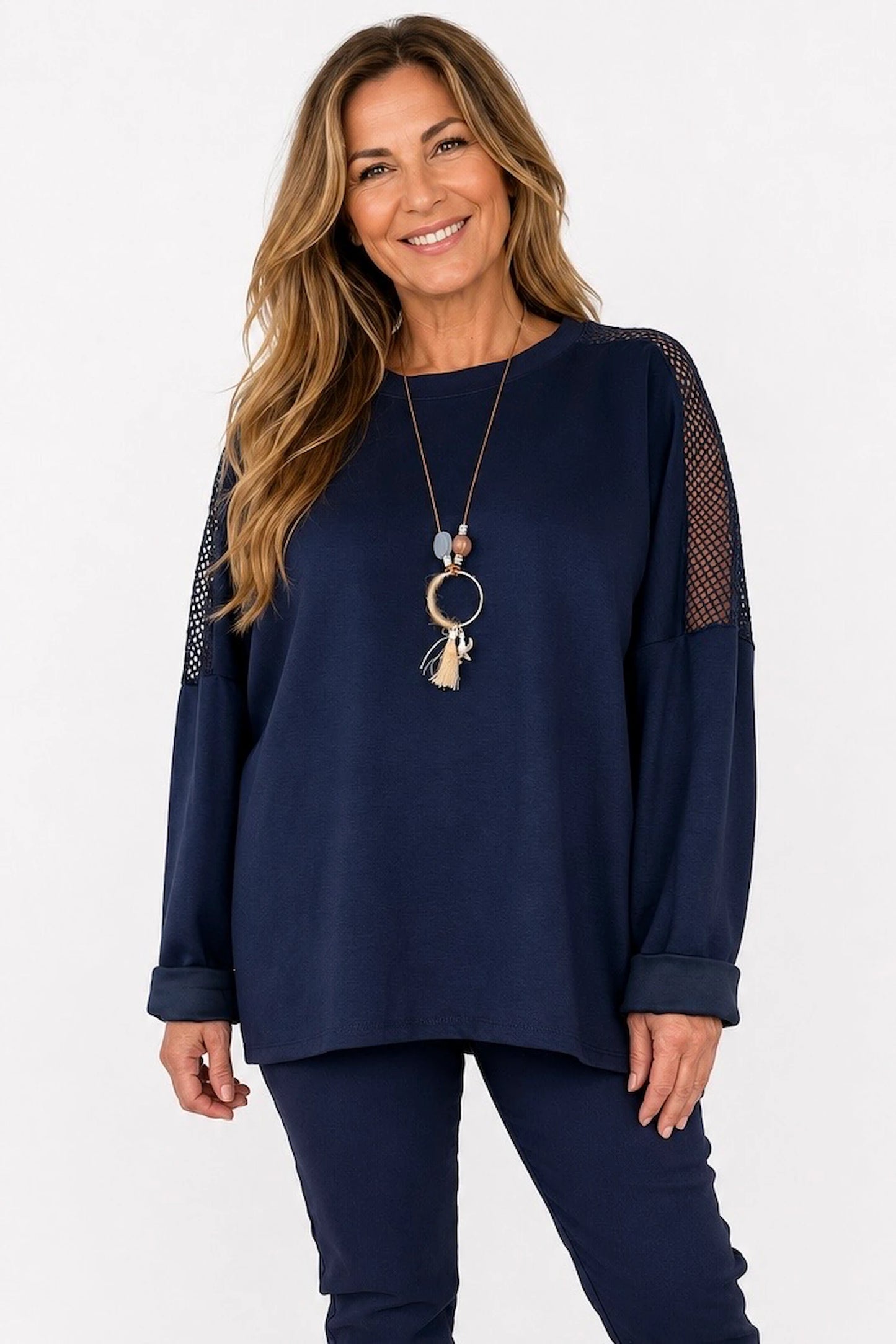 Roxanne Mesh Detail Necklace Top - Navy