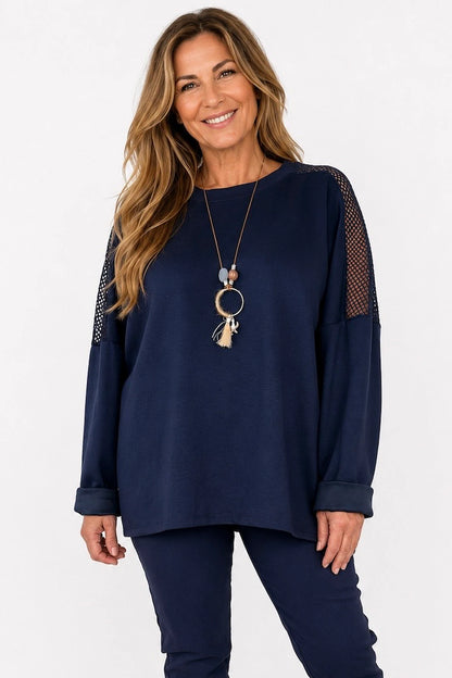 Roxanne Mesh Detail Necklace Top - Navy