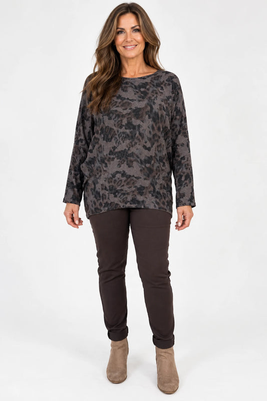 Fine Knit Kara Leopard Top - Chocolate
