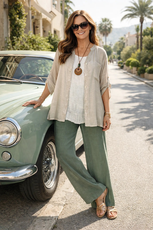 Linen Look Cotton Sequin Sparkle Pocket Detail Button Sleeve Embroidered Crochet Back Cruze Shirt - Stone