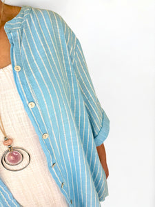 Pure Cotton Pin Stripe Button Sleeve Veresca Shirt - Baby Blue