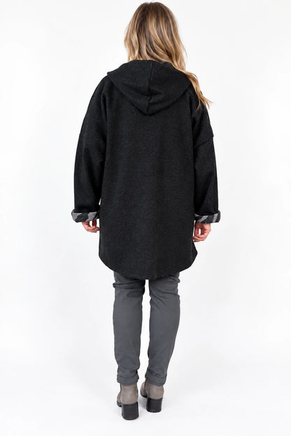 Double Pocket Zipped Contrast Animal Print Lined Valentina Brushed Hooded Coat - Fleck Black