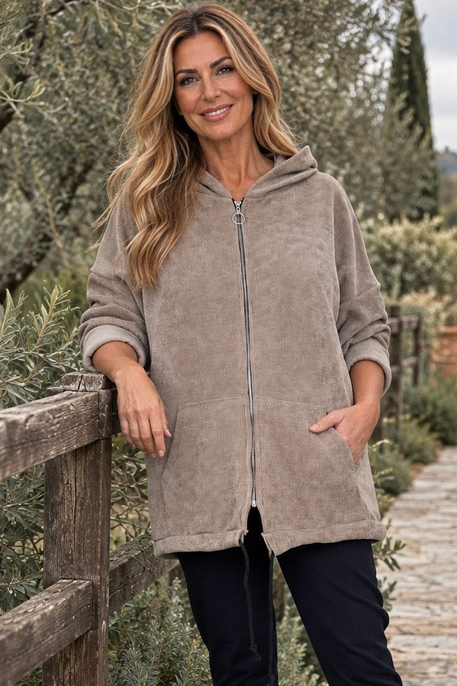 Double Pocket Chenille Zipped Cassie Hoodie - Mocha