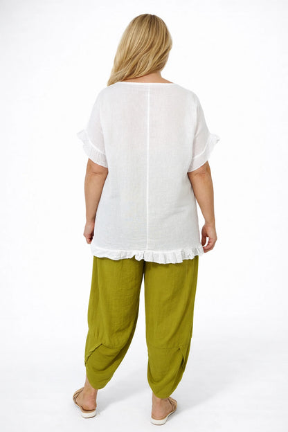 Linen Cotton Mix Frill Sleeve And Hem Iris Necklace Top - White