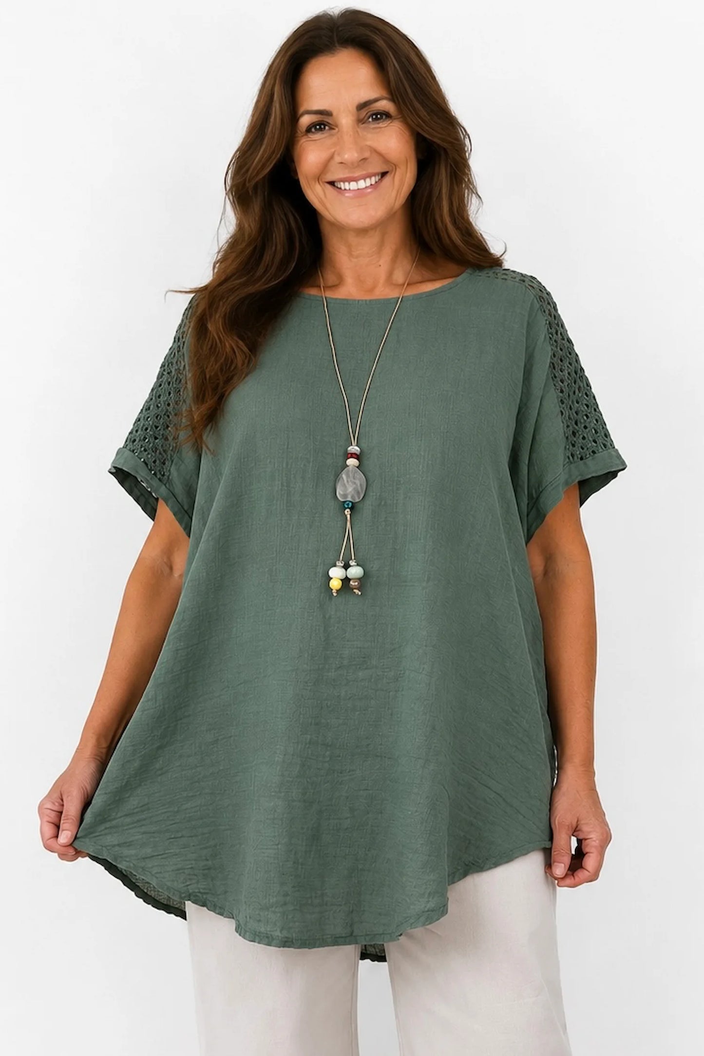 Pure Cotton Crochet Detail Francesca Necklace Top - Khaki