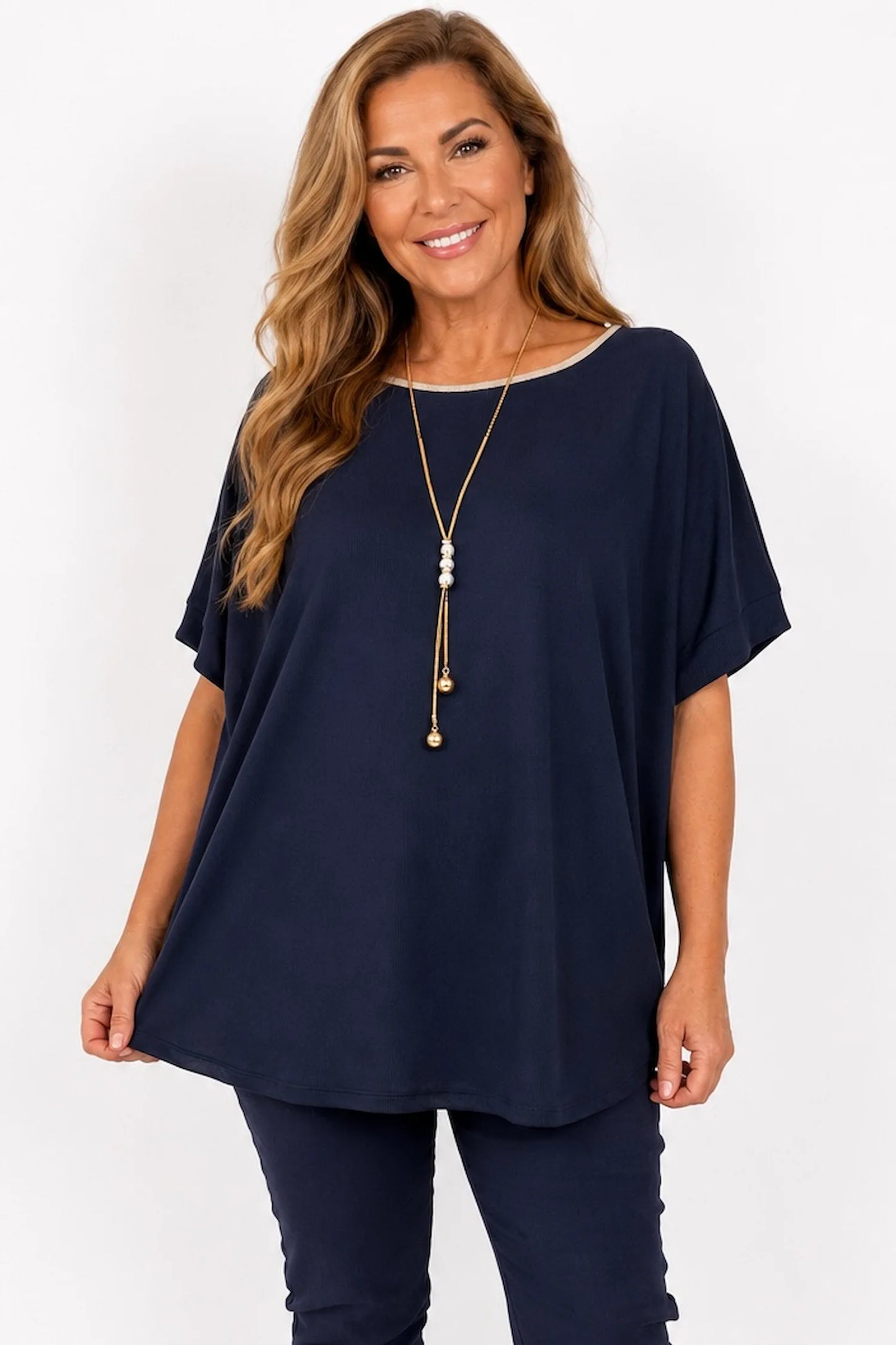 Fine Ribbed Gold Trim Sophia Necklace Top - Navy