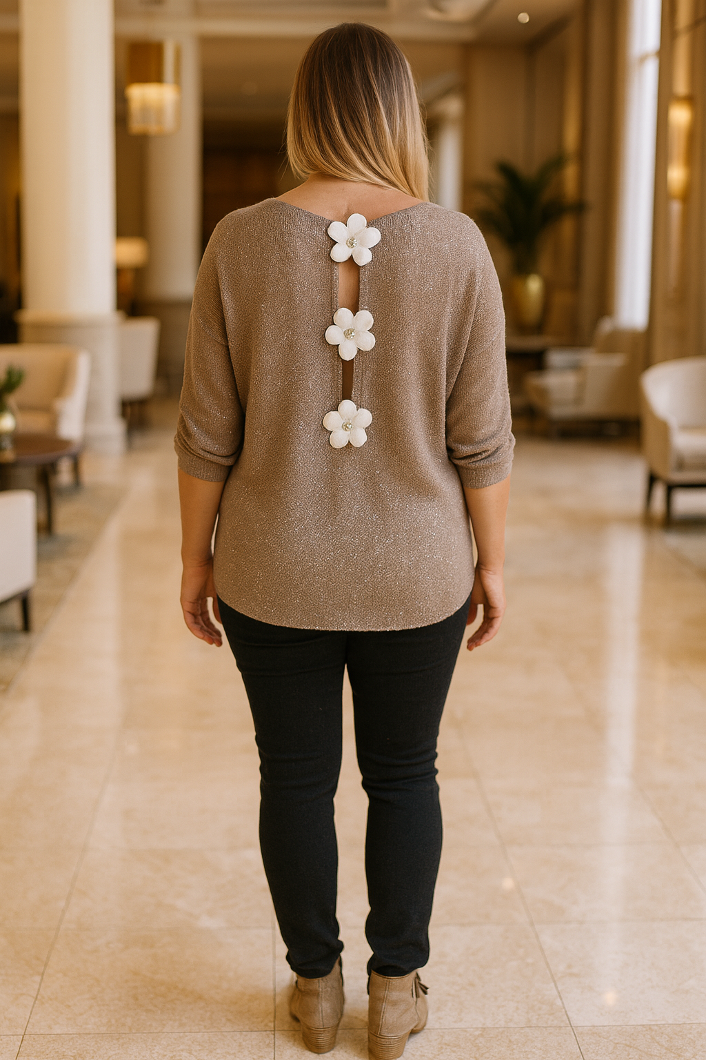 Flower Back Detail Sparkle Knit Batwing Rosewood Top - Mocha