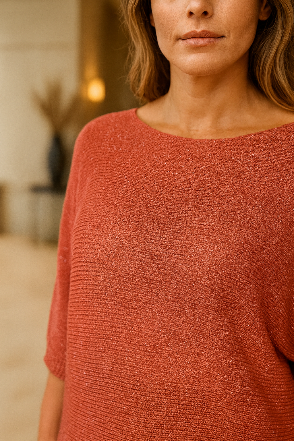Flower Back Detail Sparkle Knit Batwing Rosewood Top - Salmon