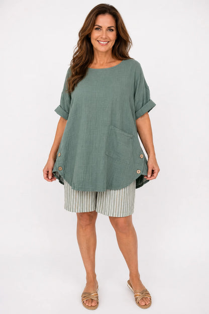 Linen Look Pure Cotton Button Detail Pocket Venice Top - Khaki