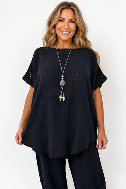 Pure Cotton Crochet Detail Francesca Necklace Top - Black