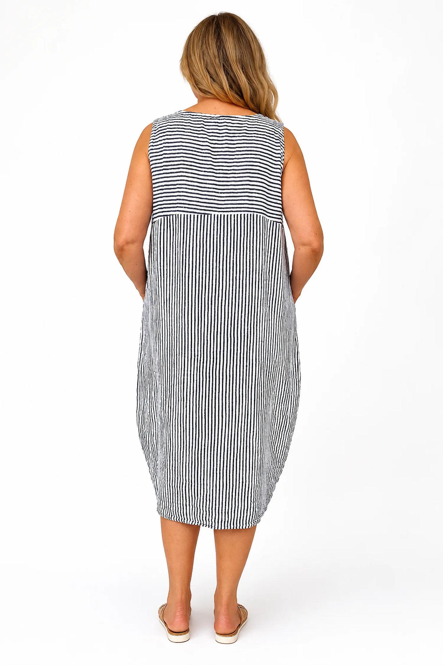 Cotton Double Pocket Pinstripe Elizabeth Dress - White