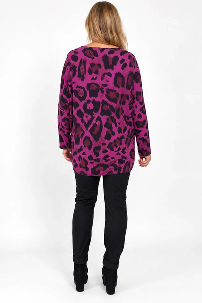 Fine Knit Carly Leopard Top - Electric Pink
