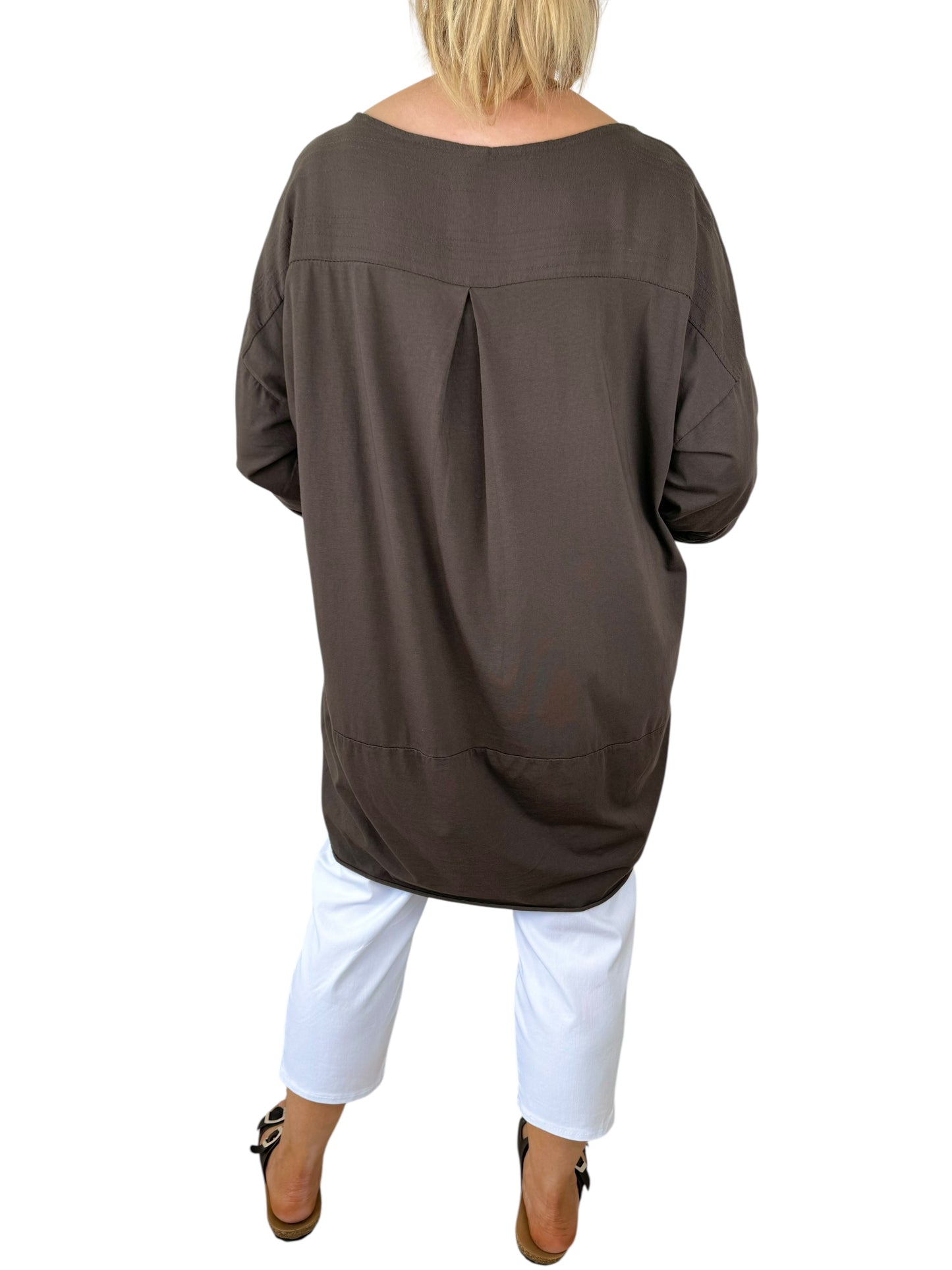 Double Pocket Cotton Three Quarter Button Sleeve Collette Top - Chocolate