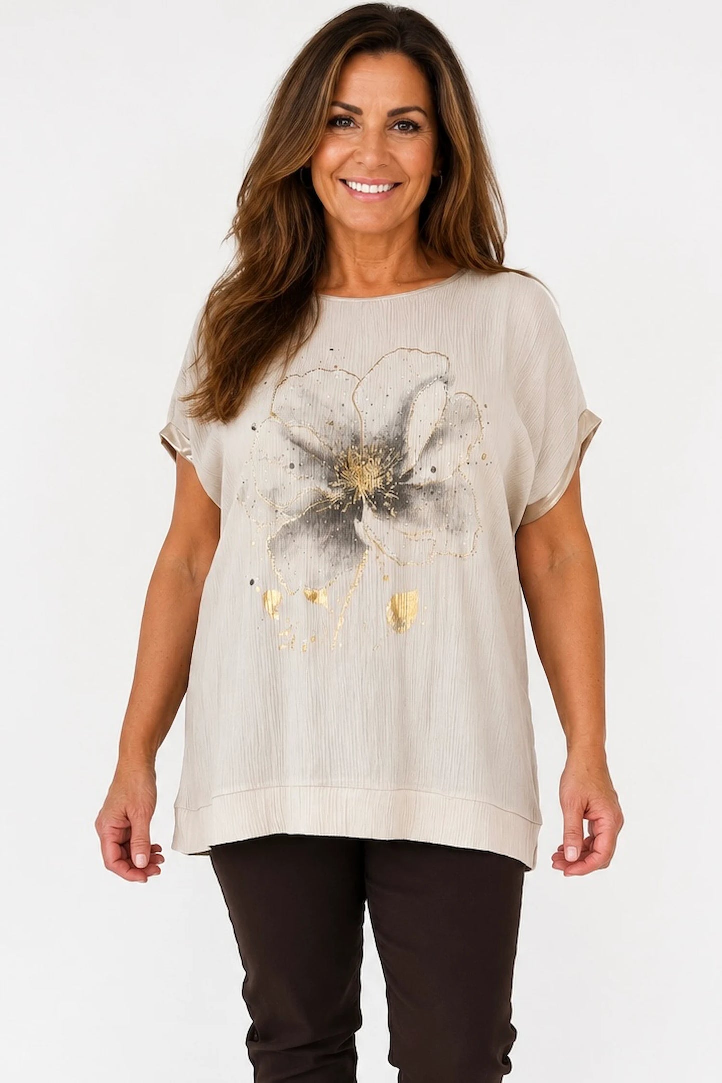 Lightly Textured Golden Diamanté Clover Gold Trim Diana Top - Beige