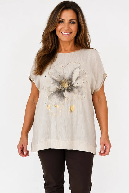Lightly Textured Golden Diamanté Clover Gold Trim Diana Top - Beige