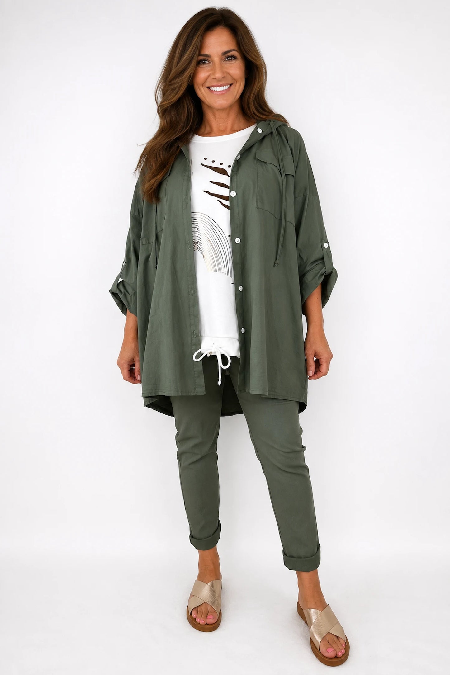 Cotton Double Flap Pocket Button Sleeve Izzy Hooded Overshirt - Khaki