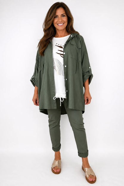 Cotton Double Flap Pocket Button Sleeve Izzy Hooded Overshirt - Khaki