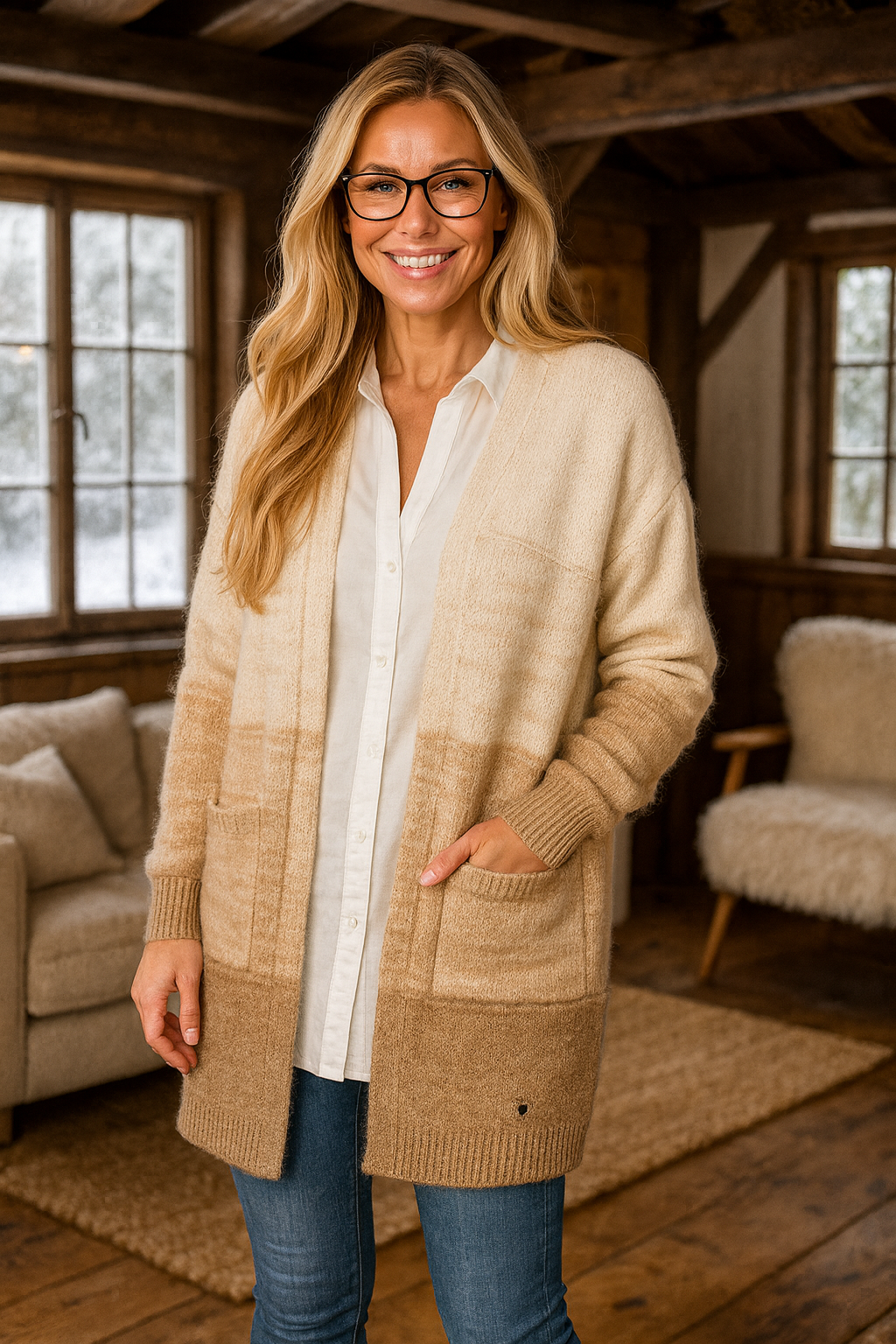 Wool Mix Double Pocket Oxford Cardigan - Beige