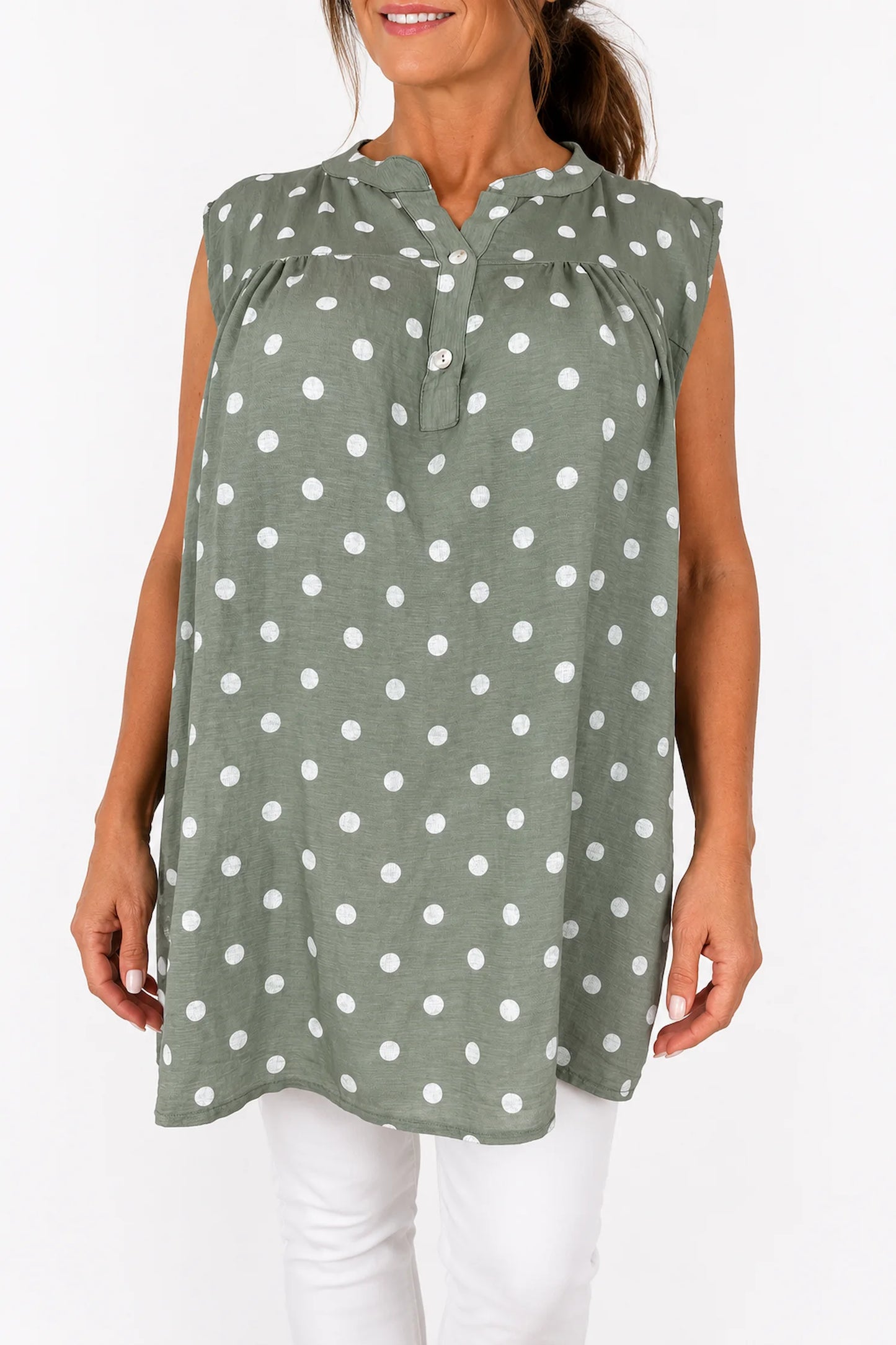 Polka Dot Valentina Button Cap Sleeve Top - Khaki