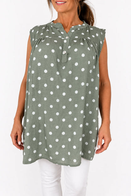 Polka Dot Valentina Button Cap Sleeve Top - Khaki