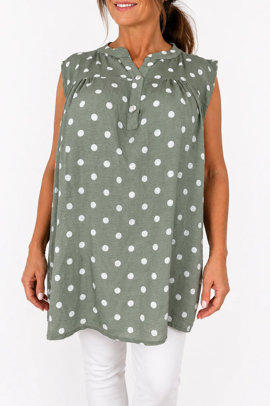 Polka Dot Valentina Button Cap Sleeve Top - Khaki