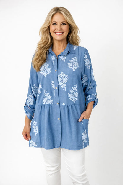Button Sleeve Floral Double Pocket Chiara Button Shirt - Denim
