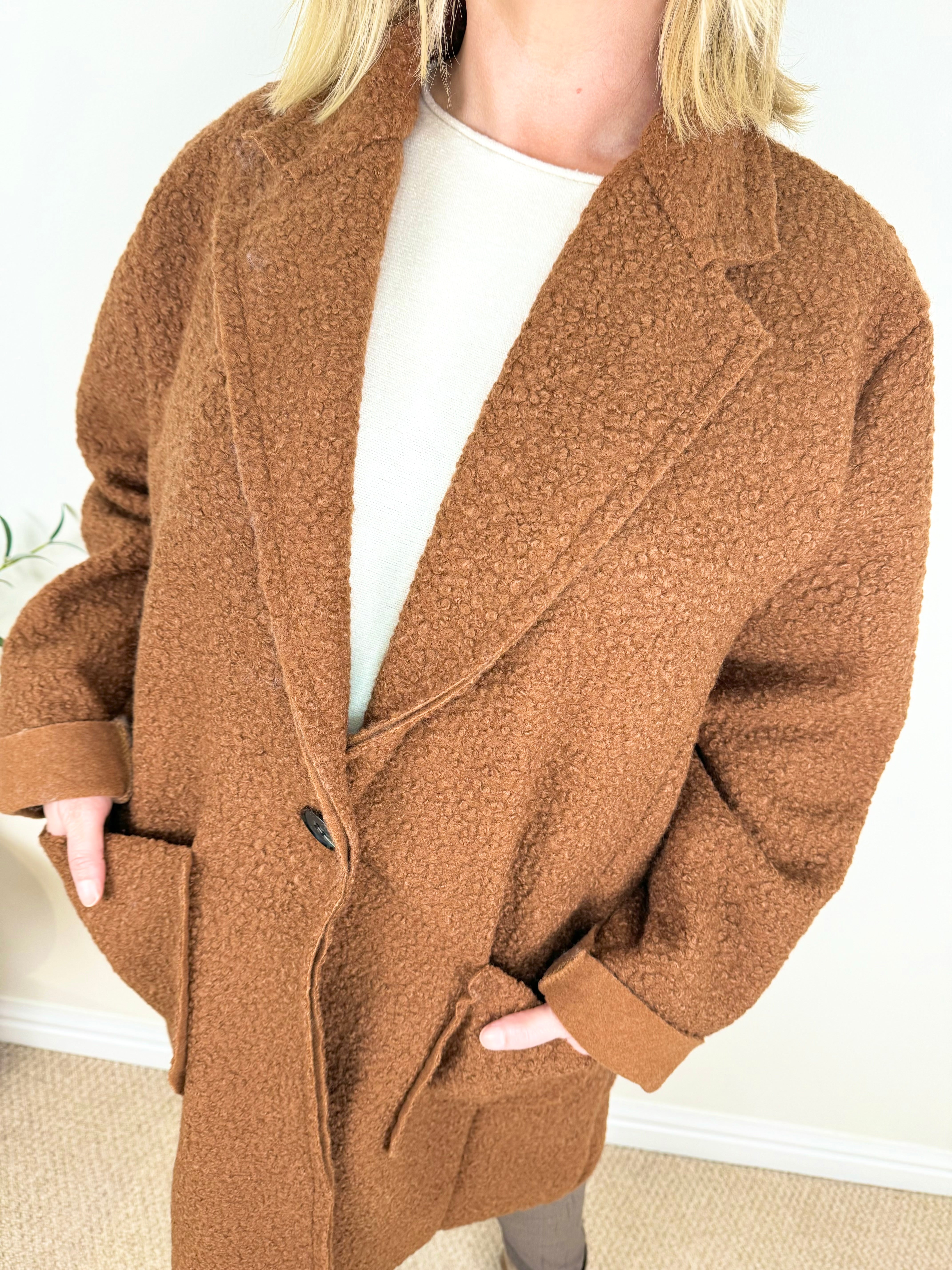 Wool Mix Long Line Double Pocket Teddy Button Coat AW24