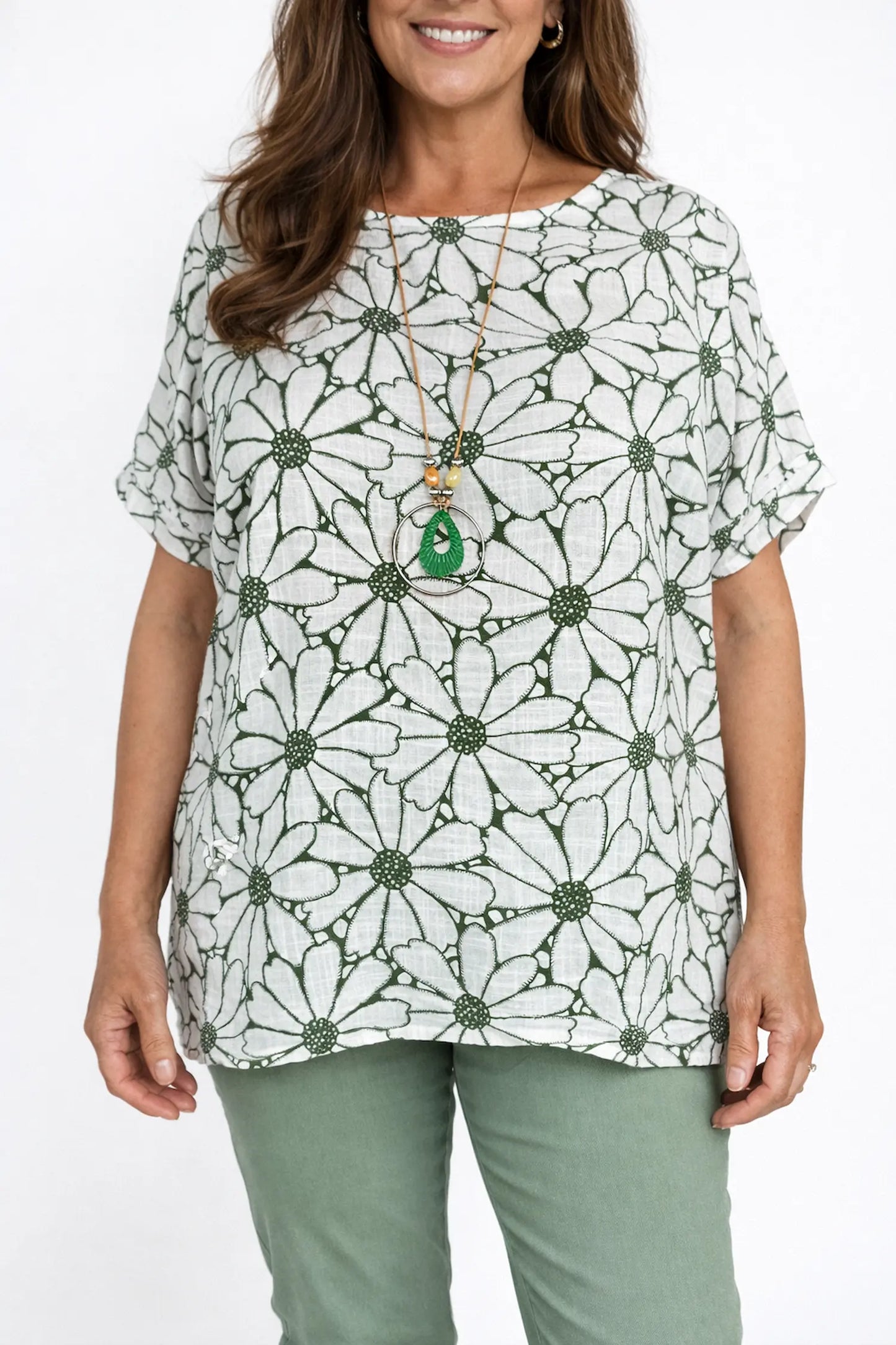 Pure Cotton Velina Floral Necklace Top - Khaki