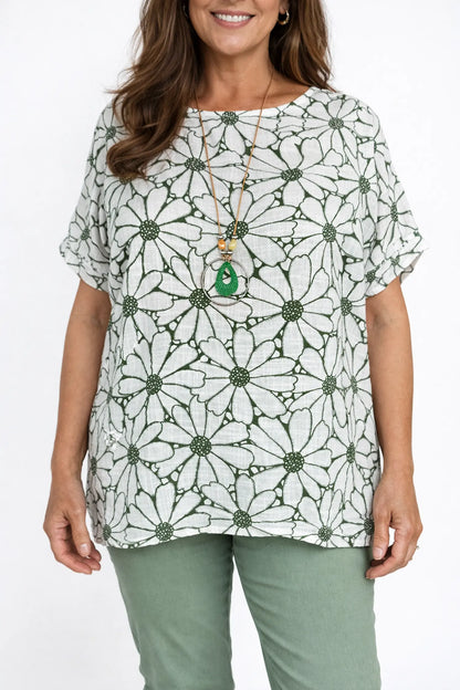 Pure Cotton Velina Floral Necklace Top - Khaki