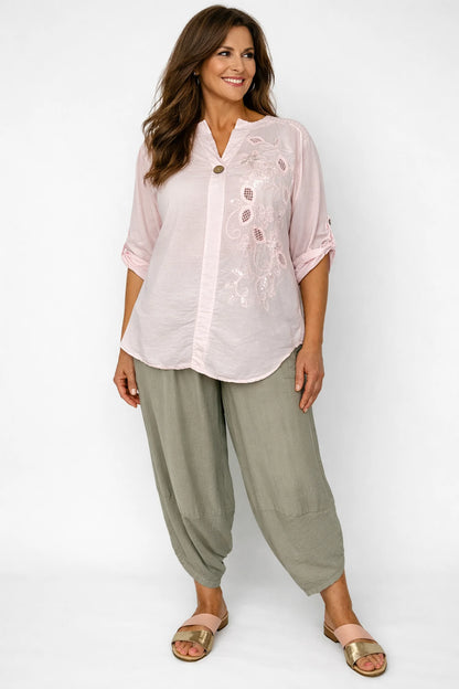 Cotton Mesh Shoulder Embroidery Anglaise Detail Button Sleeve Antonella One Button Shirt - Baby Pink