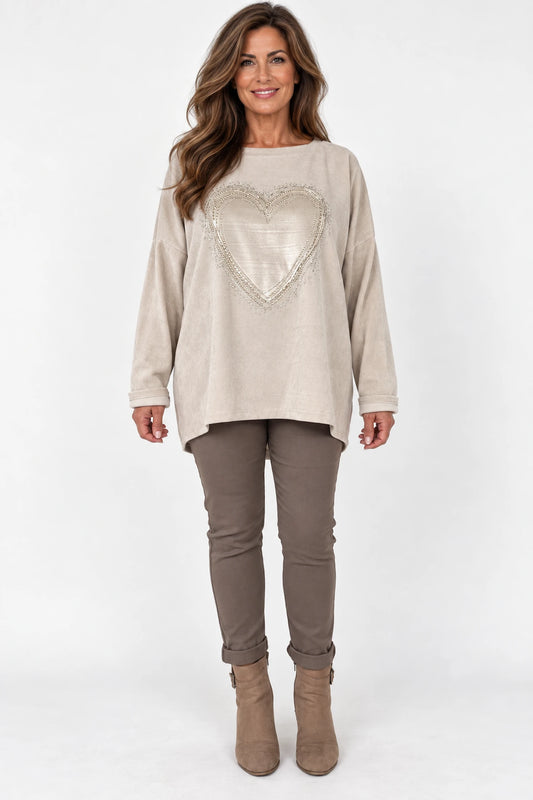 Needlecord Golden Diamanté Heart Piana Top - Beige