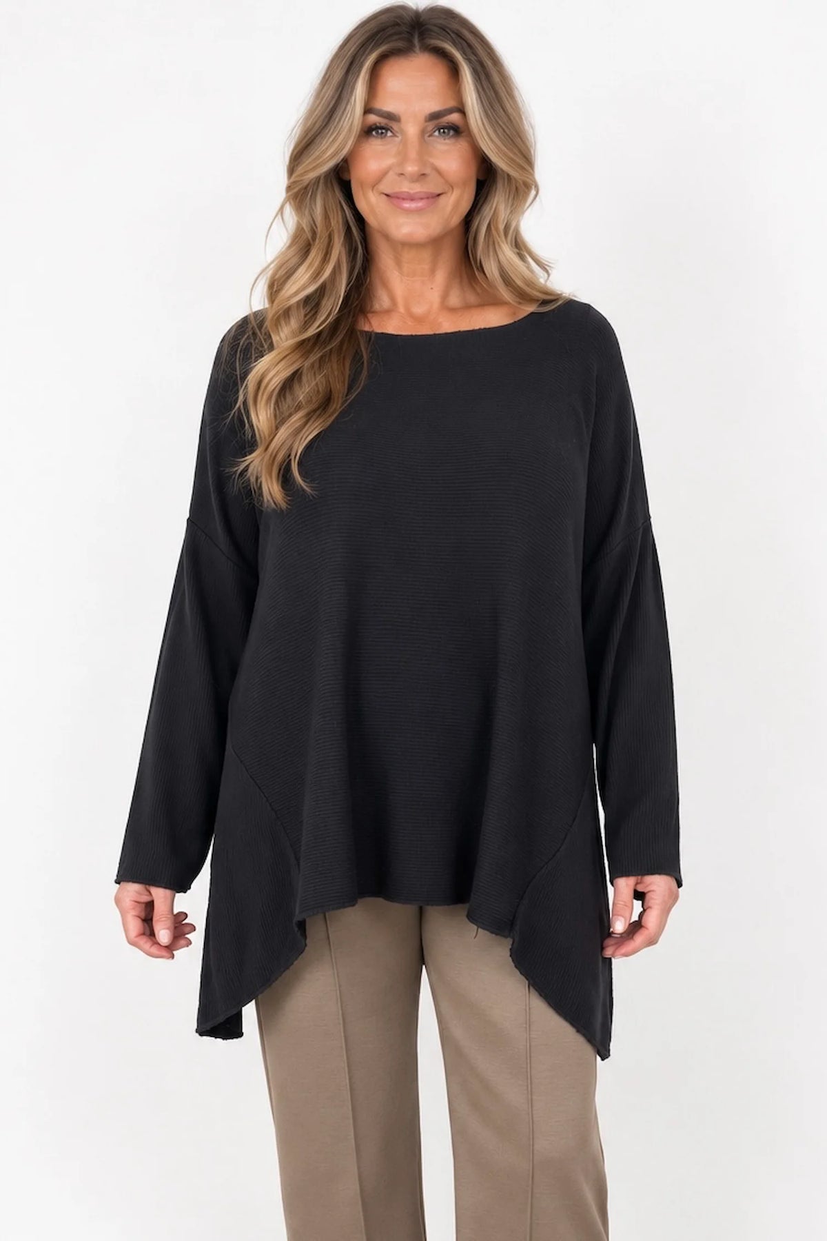 Wool Mix Ribbed Knit Porto Top - Black