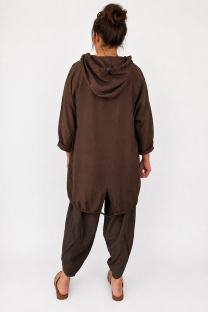 Drawstring Hem Lightweight Hooded Amirella Jacket - Chocolate
