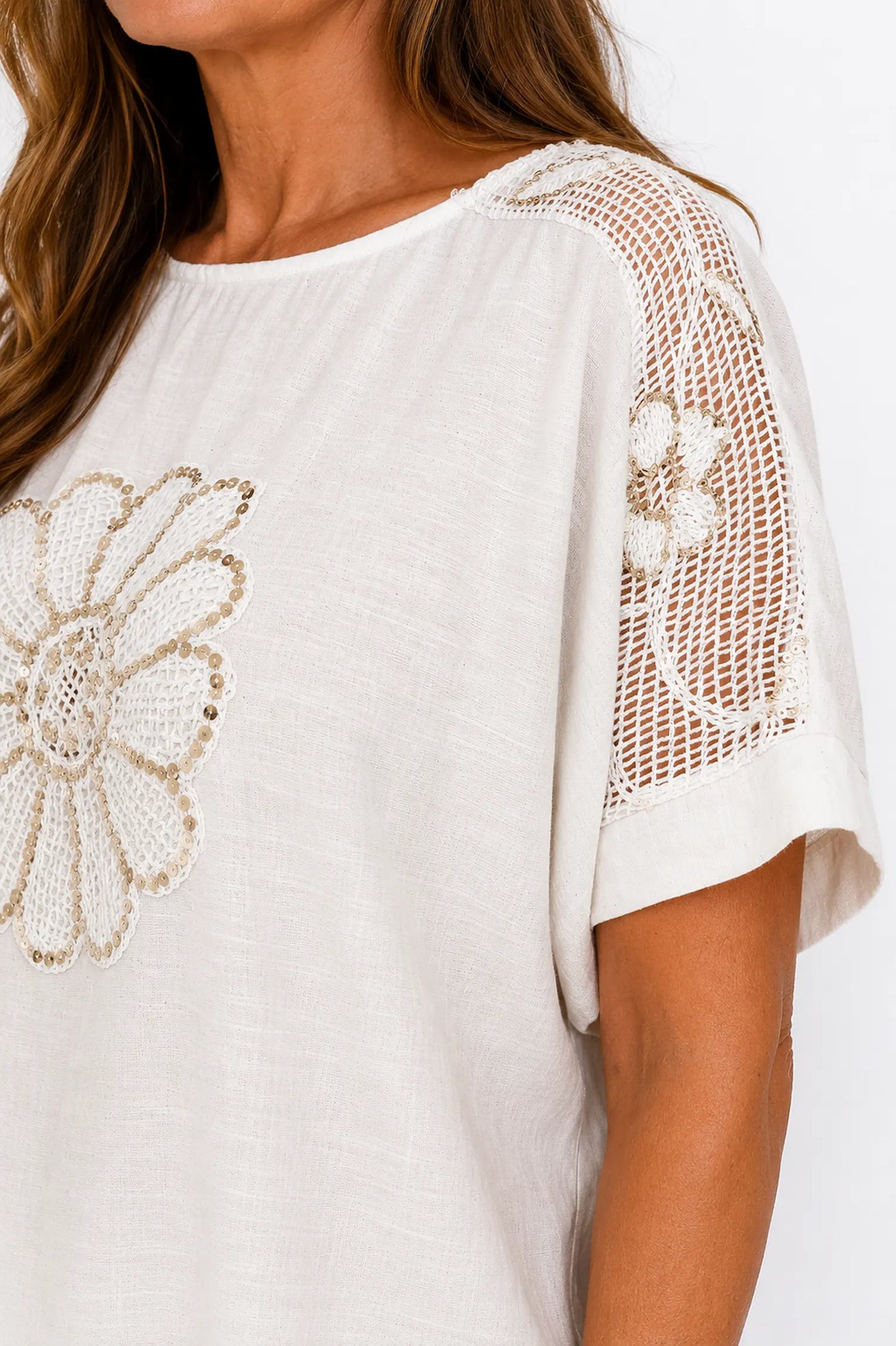 Linen Mix Sequin Floral Mesh Sleeve Detail Sophia Top - Natural Cream