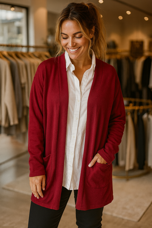 Soft Knit Double Pocket Sasia Cardigan - Wine Red